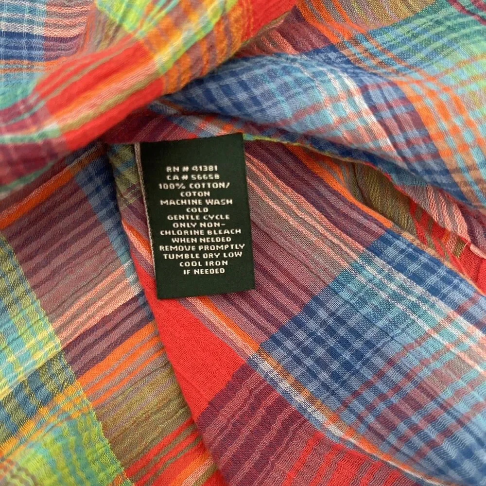$80 LAUREN Ralph Lauren Plaid Madras  Crinkle Cotton Off Shoulder Top L - Picture 7 of 9